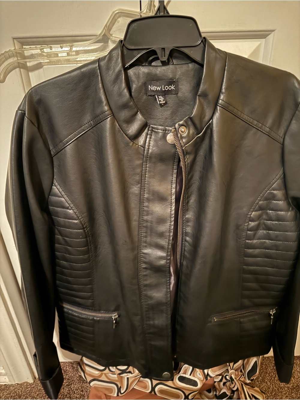 New Look Black Faux Leather Quilted-Panel Biker Jacket